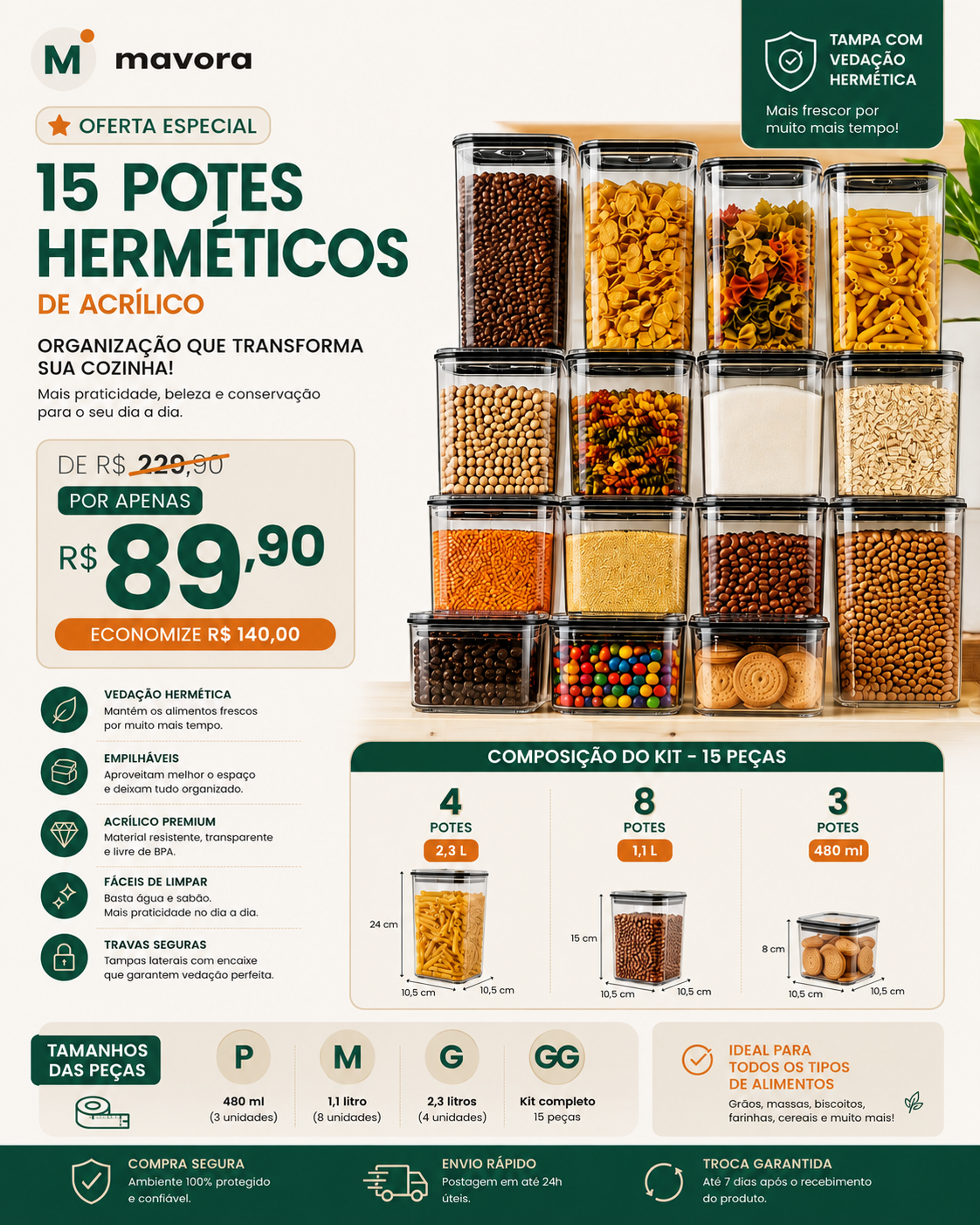 Kit 15 Potes Hermético Transparente Mantimentos Quadrado Cozinha Branco - Promoção