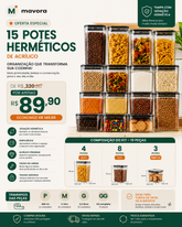 Kit 15 Potes Hermético Transparente Mantimentos Quadrado Cozinha Branco - Promoção
