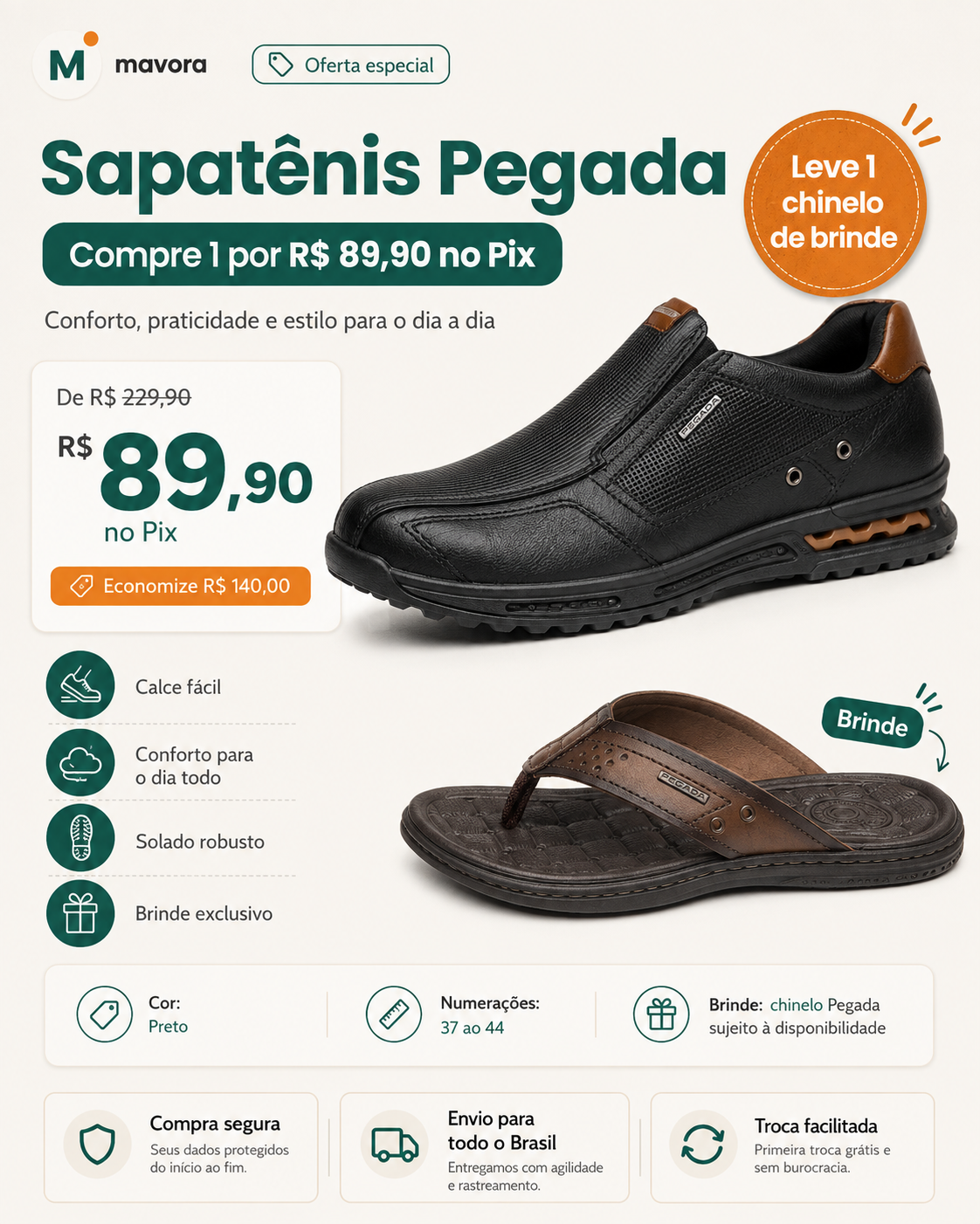 Sapatênis Ortopédico Masculino Pegada Couro Natural + Chinelo de Brinde - Promoção no Pix