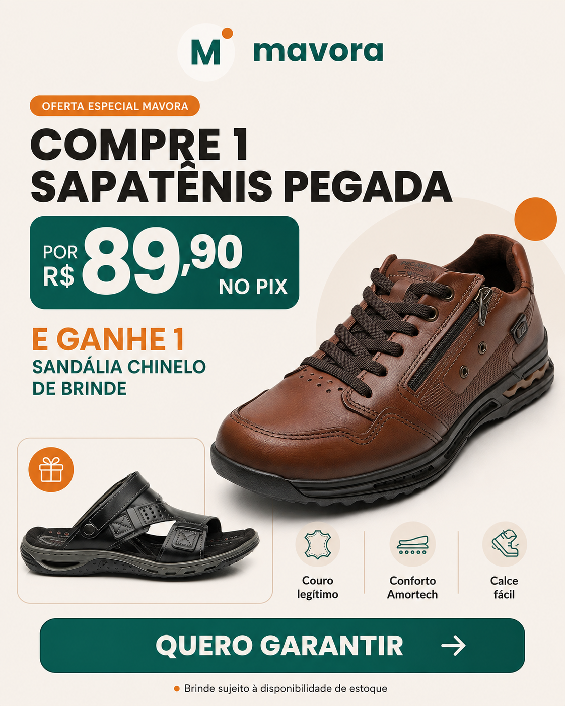 Sapatênis Ortopédico Masculino Pegada Couro Natural + Sandália Chinelo de Brinde - Promoção no Pix