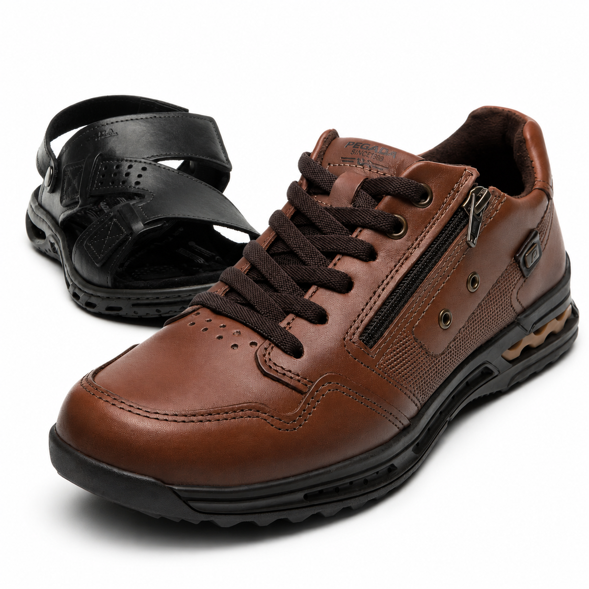 Sapatênis Ortopédico Masculino Pegada Couro Natural + Sandália Chinelo de Brinde - Promoção no Pix
