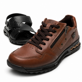 Sapatênis Ortopédico Masculino Pegada Couro Natural + Sandália Chinelo de Brinde - Promoção no Pix