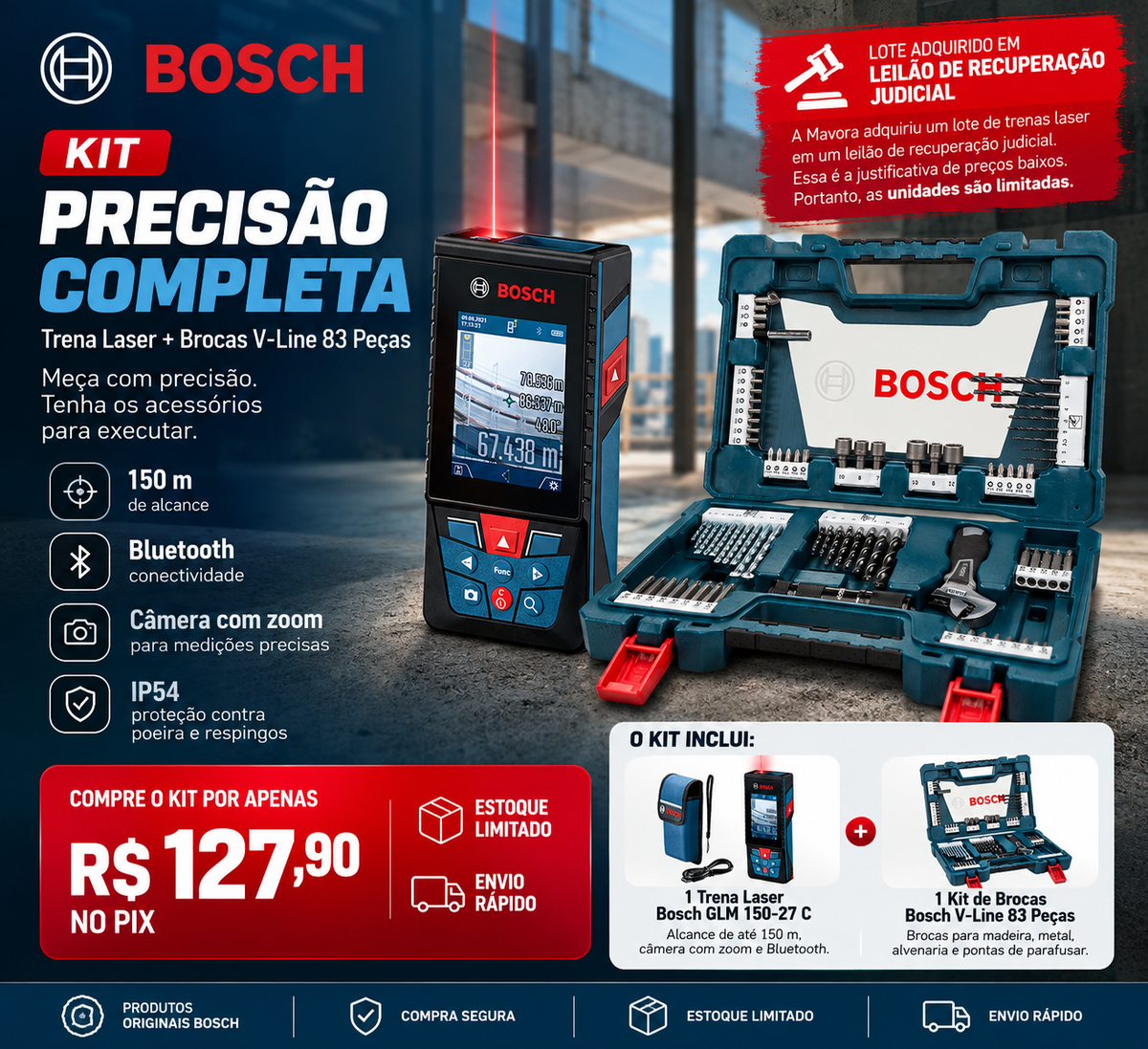 Kit Precisão Profissional – Trena Laser + Brocas Bosch 83 Peças | Promoção no Pix